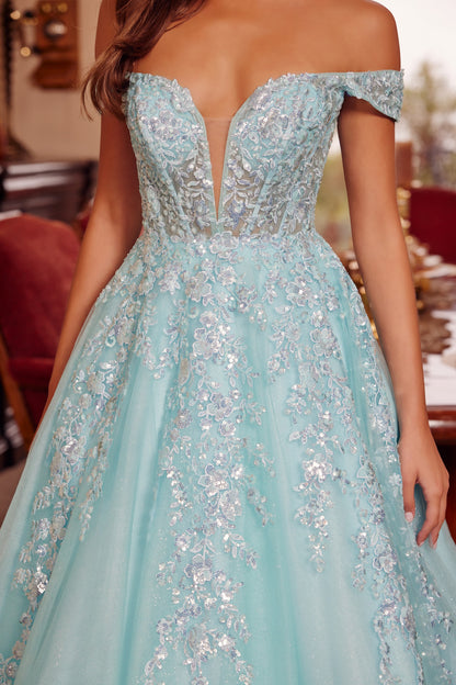 H1881 Plunging V Neckline A-Line Gown with a Sheer Boned Waistline
