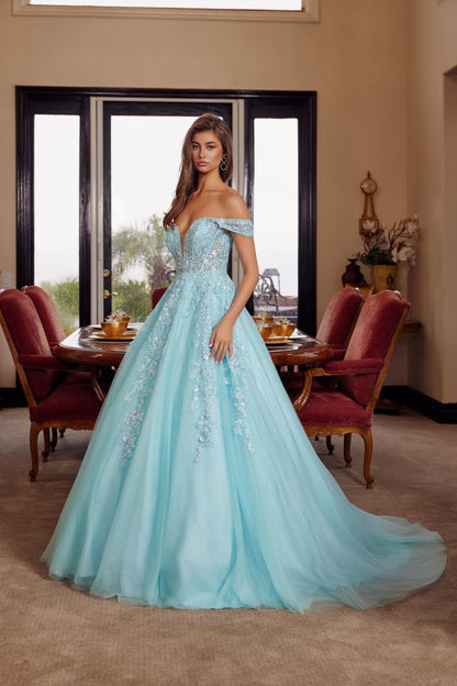 H1881 Plunging V Neckline A-Line Gown with a Sheer Boned Waistline