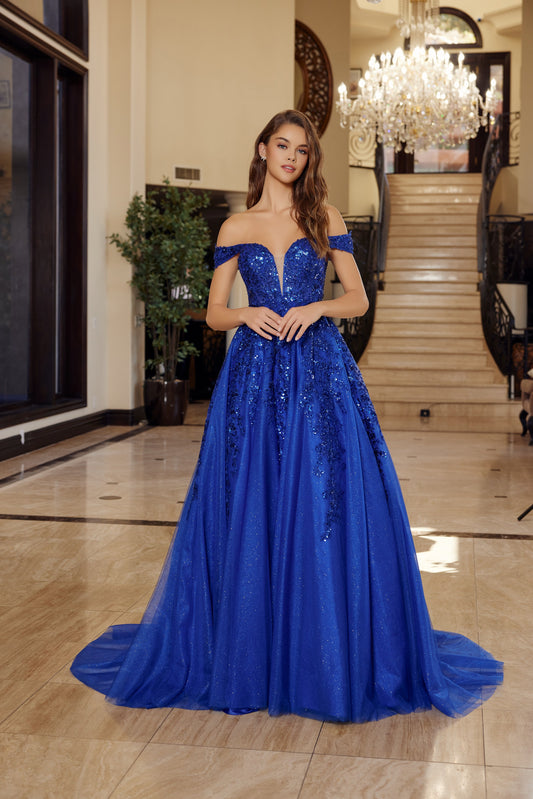 H1881 Plunging V Neckline A-Line Gown with a Sheer Boned Waistline