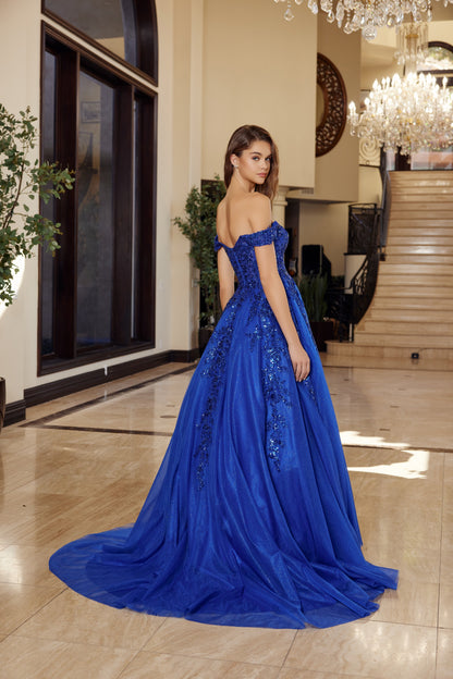 H1881 Plunging V Neckline A-Line Gown with a Sheer Boned Waistline
