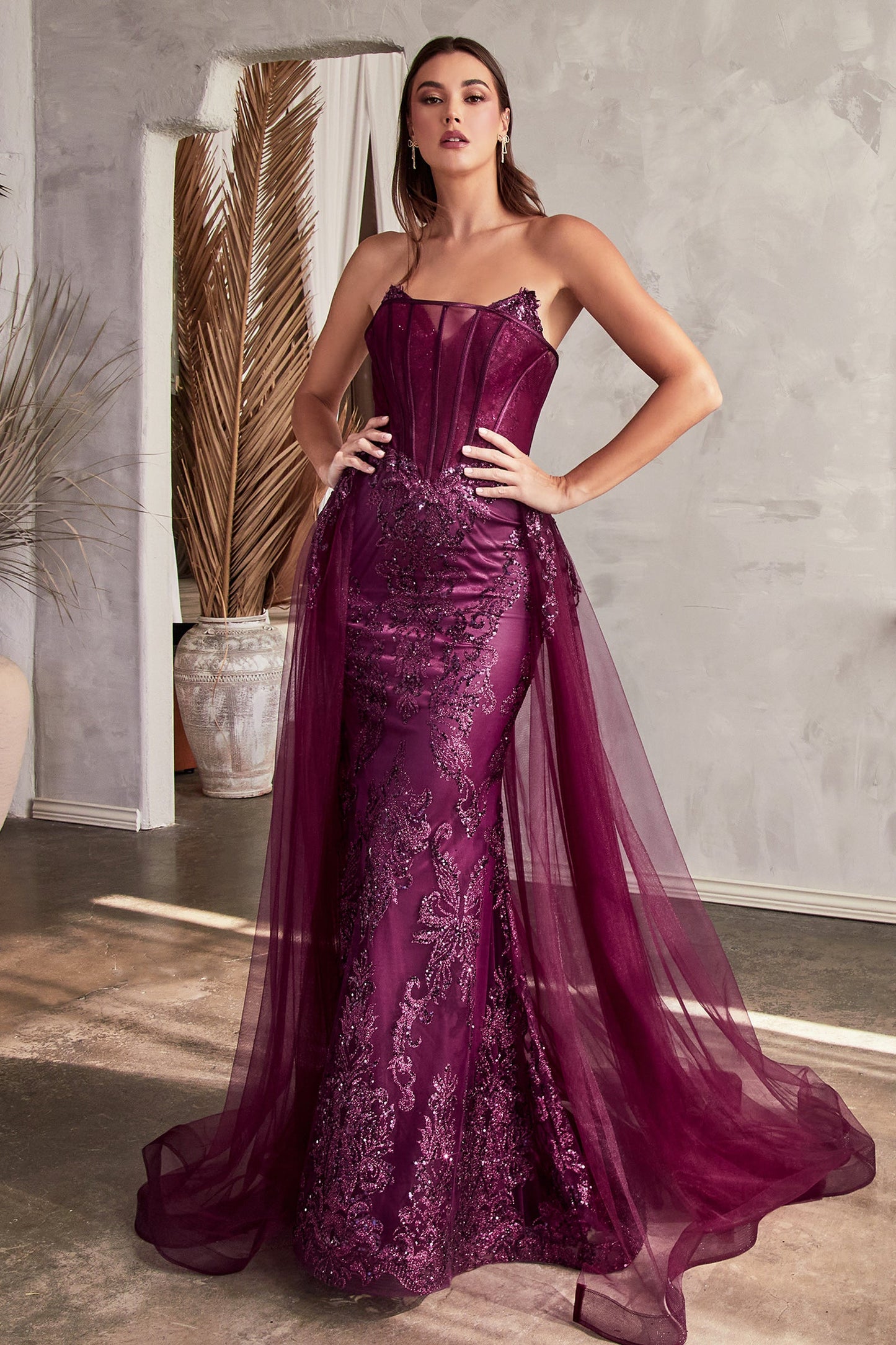 Strapless Glitter Print Overskirt Gown J858