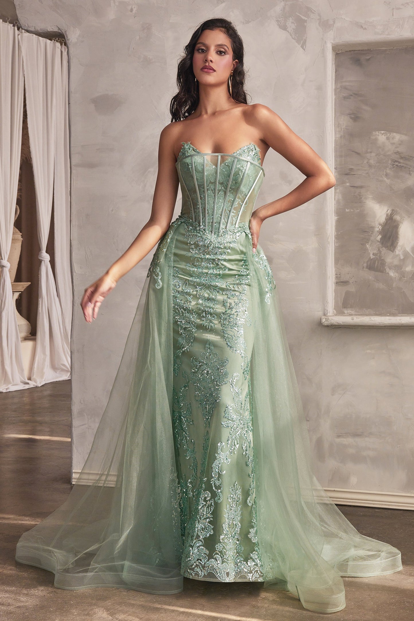 Strapless Glitter Print Overskirt Gown J858