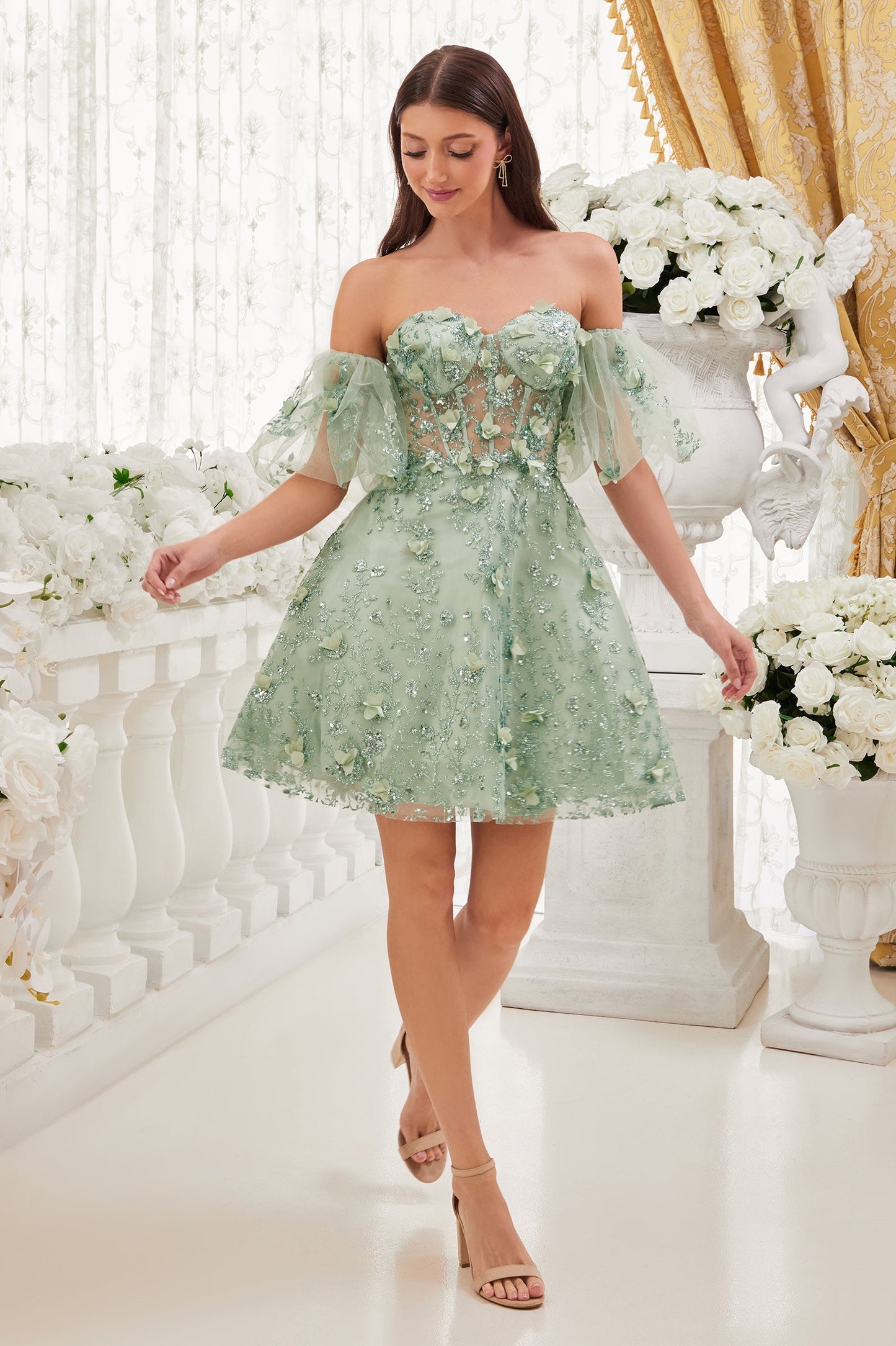 3D Puff Sleeve Floral Cocktail Dress KV1089