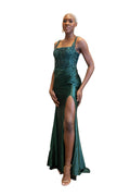Embellished Bodice Square Neckline Satin Dress SV24054