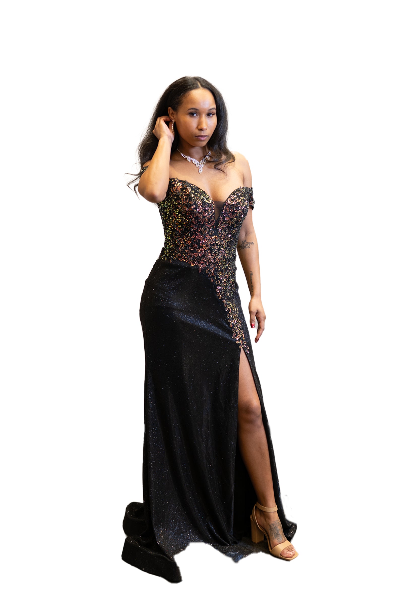 Off Shoulder Stylish Embellished Slit Dress SV23071 SIVORY COLLECTION Off Shoulder Stylish Embellished Slit Dress SV23071 SIVORY COLLECTION