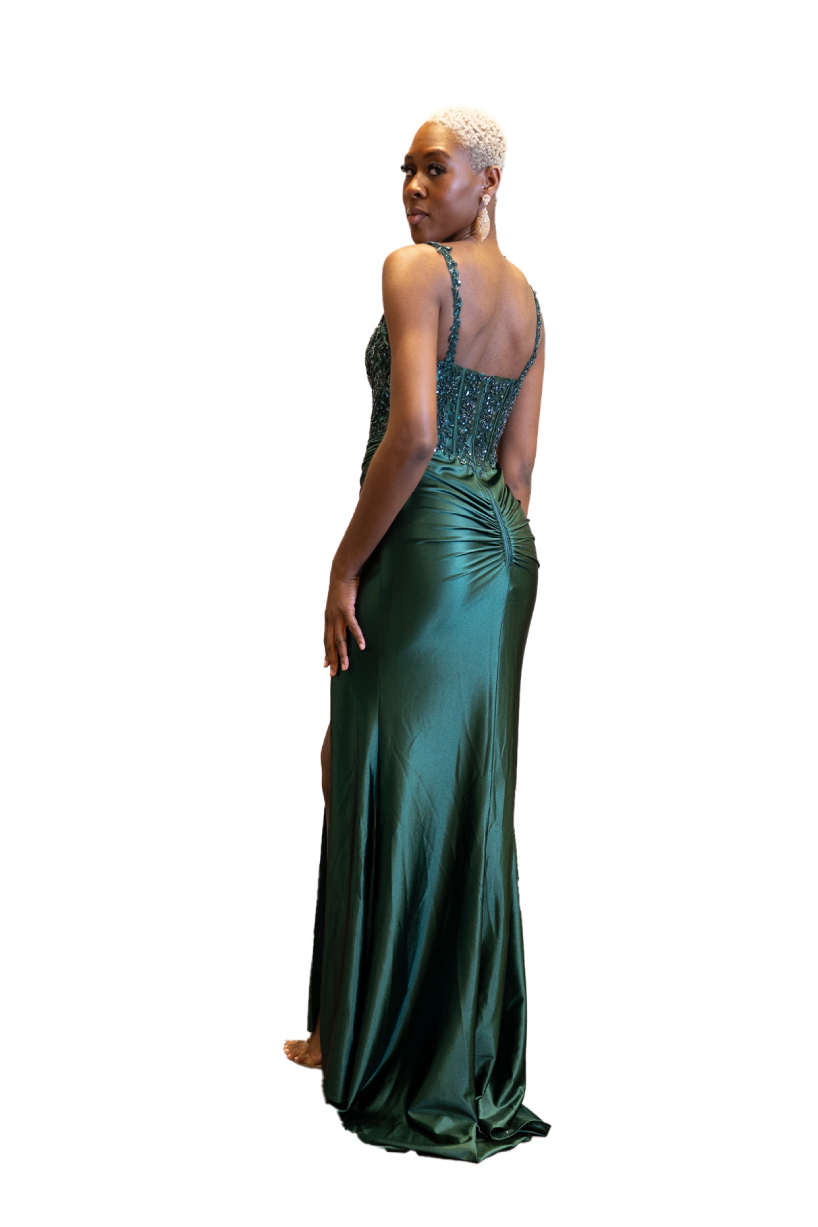 Embellished Bodice Square Neckline Satin Dress SV24054