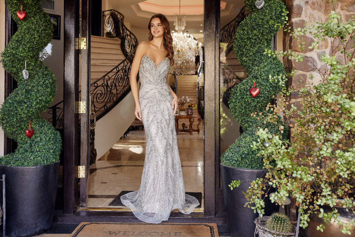 C1833 Opulent V-Neckline Long Embellished Sheath Dress