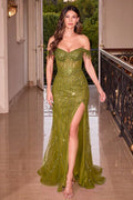Fitted Off-the-Shoulder Sequin Evening Gown with Leg Slit CD0203