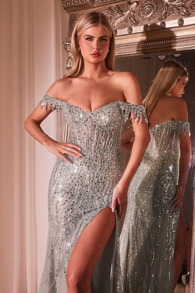 Fitted Off-the-Shoulder Sequin Evening Gown with Leg Slit CD0203