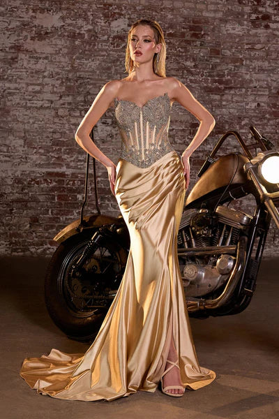 Strapless Sweetheart Crystal Corset Gown with Slit CD736