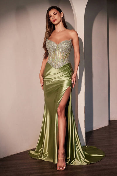 Strapless Sweetheart Crystal Corset Gown with Slit CD736