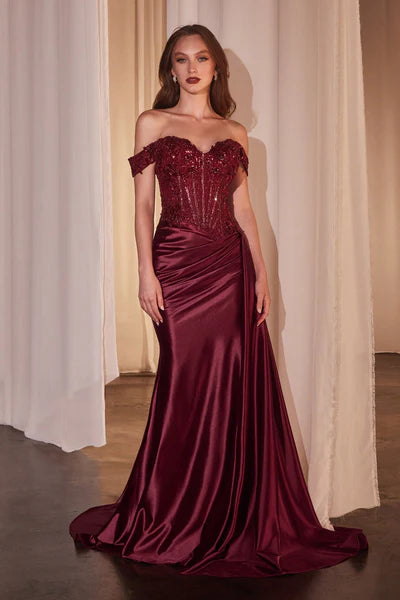 Off-the-Shoulder Satin Gown with Beaded Corset CD803