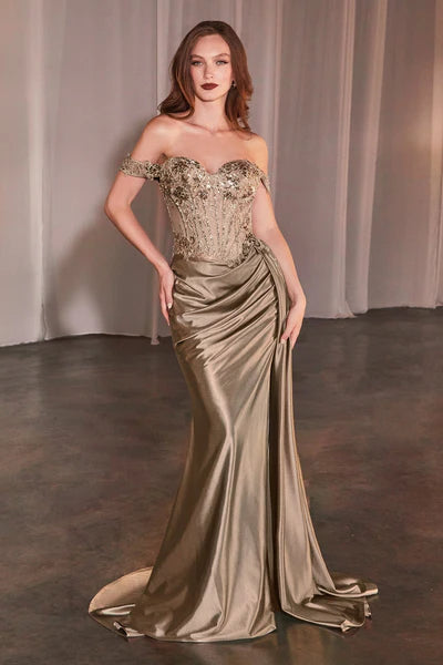Off-the-Shoulder Satin Gown with Beaded Corset CD803