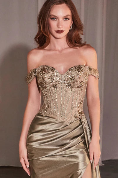 Off-the-Shoulder Satin Gown with Beaded Corset CD803