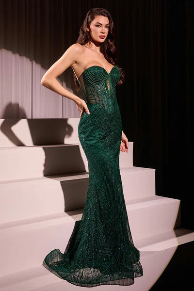 Strapless Sweetheart Sheer Corset Glitter Prom Gown J871