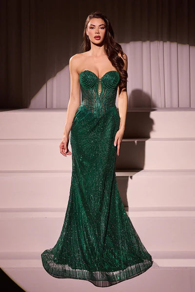 Strapless Sweetheart Sheer Corset Glitter Prom Gown J871