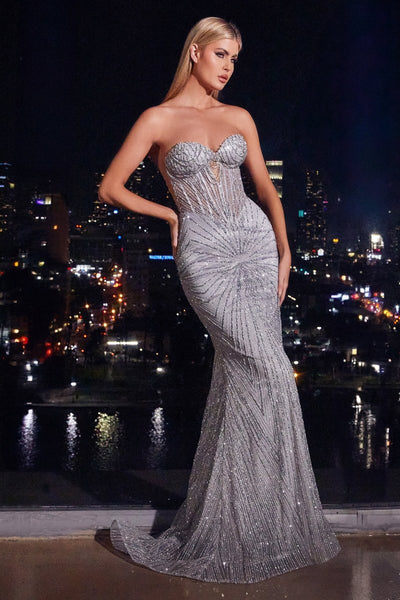 Strapless Sweetheart Sheer Corset Glitter Prom Gown J871