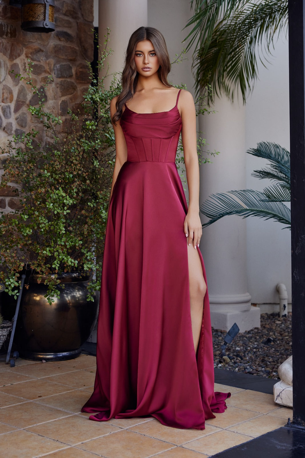 A1744 Long Stretch Satin A-Line Dress