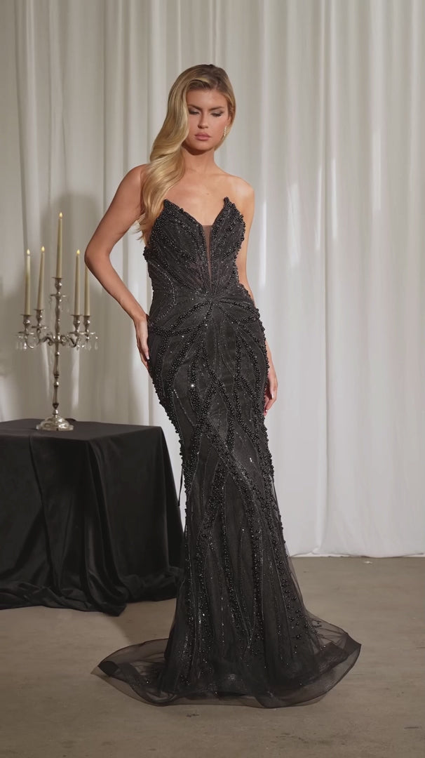 Strapless Fitted Prom Dress with Crystal & Pearl Embellishments CC0688