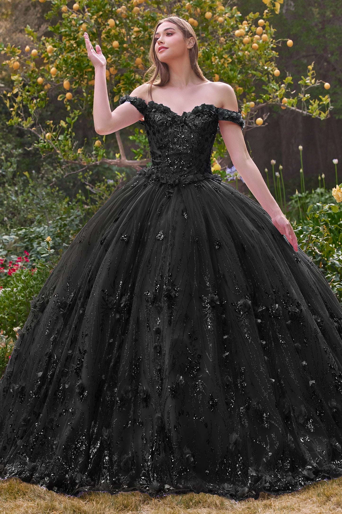 3D Floral Glitter Off Shoulder A-Line Ball Gown 15704