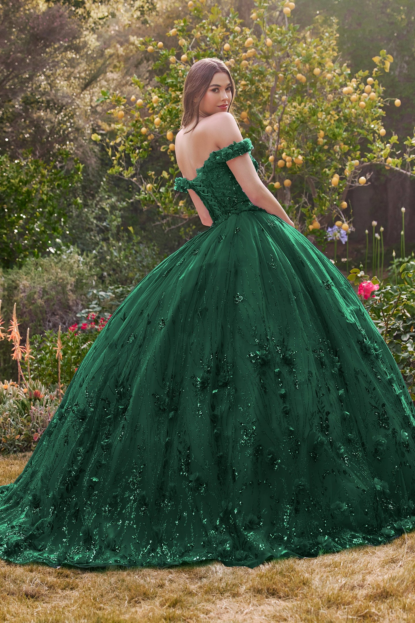 3D Floral Glitter Off Shoulder A-Line Ball Gown 15704