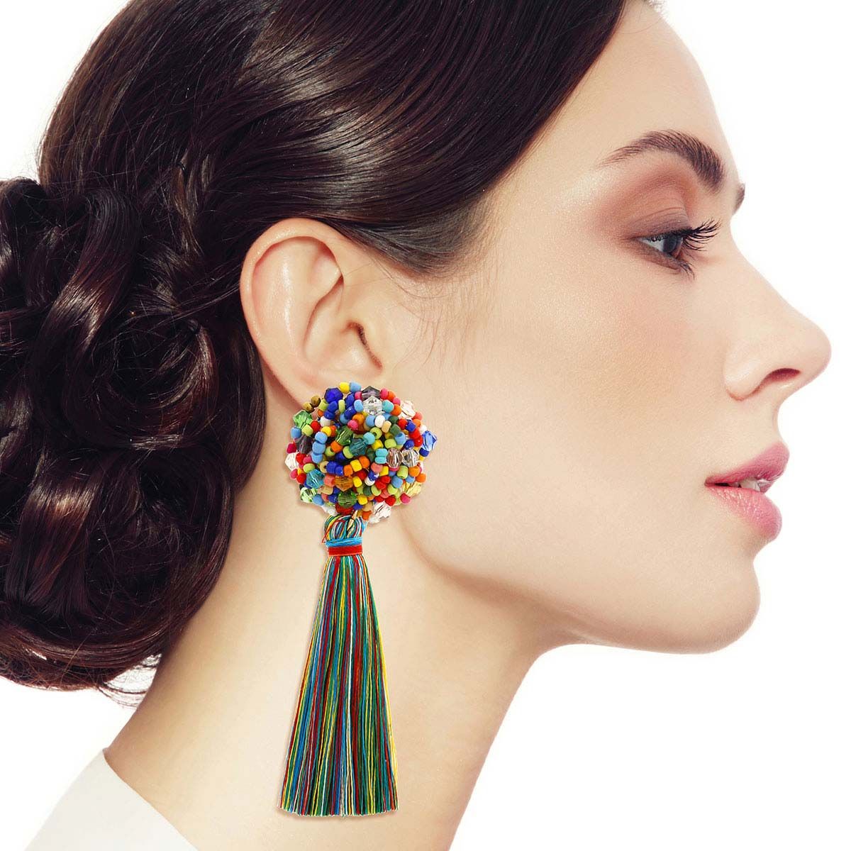 Multi Color Cluster Bead Tassel Earrings