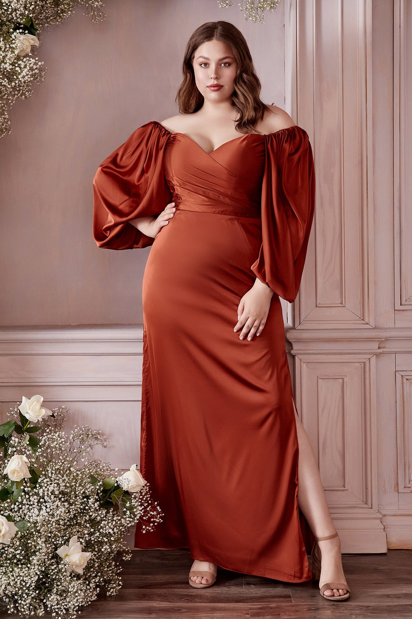 Long Sleeve Off Shoulder Fitted Soft Satin Dress 7482