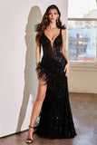 Feathered Stylish Details Embellished Fitted Gown 9312