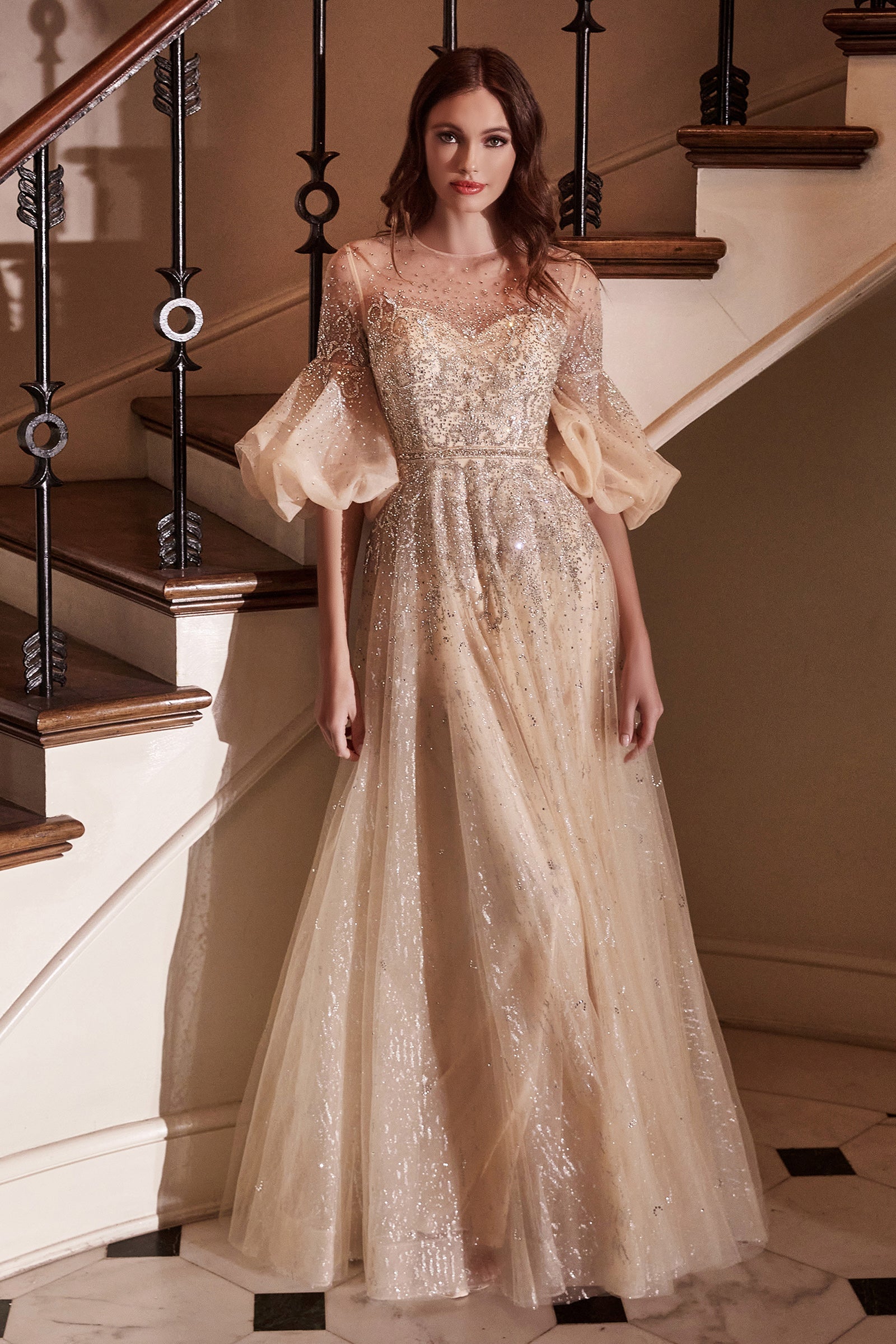 CDpuff-mid-sleeve-floor-length-tulle-gown-b703