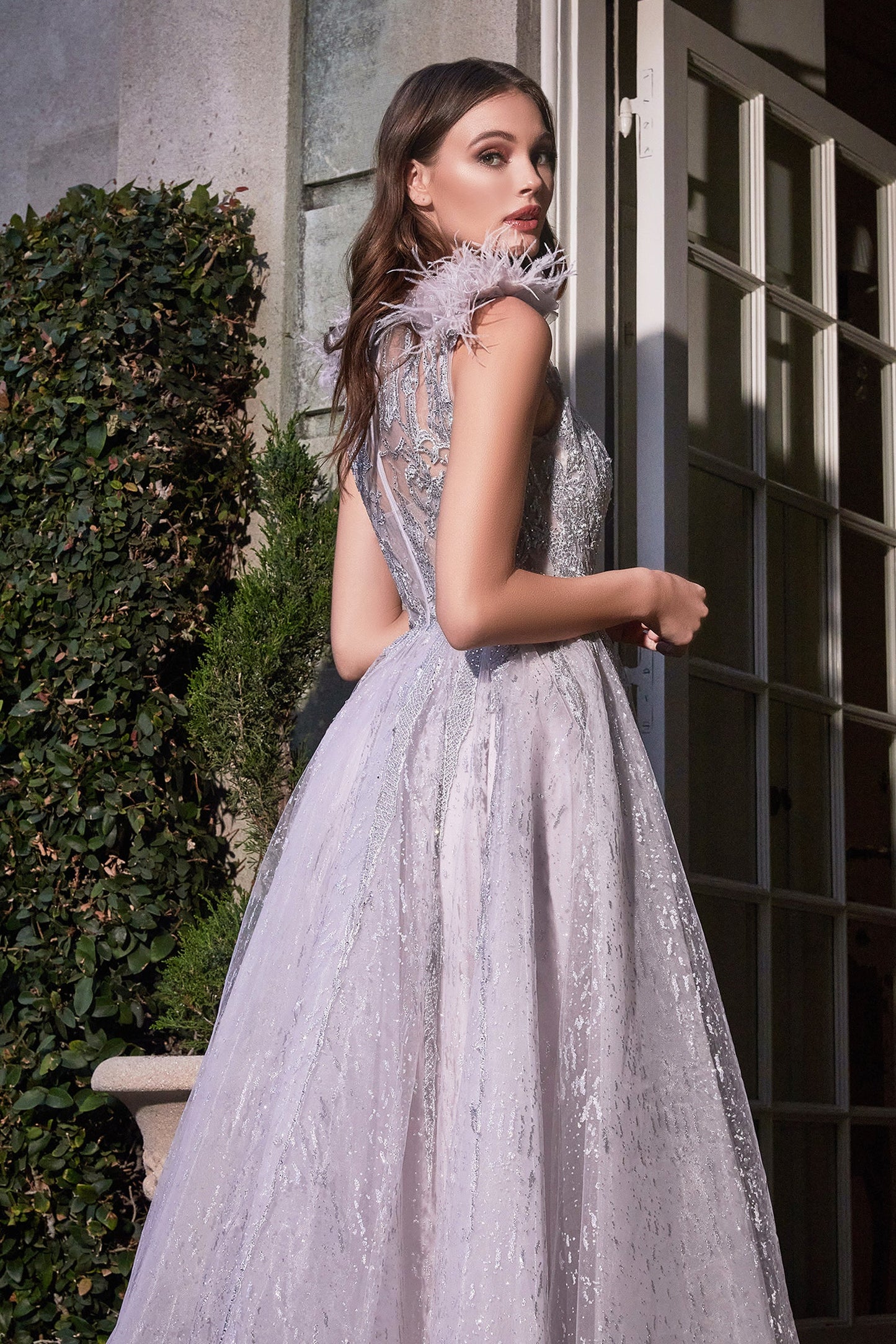 Feathered Shoulder Tulle A-Line Beaded-Ball-Gown-B704