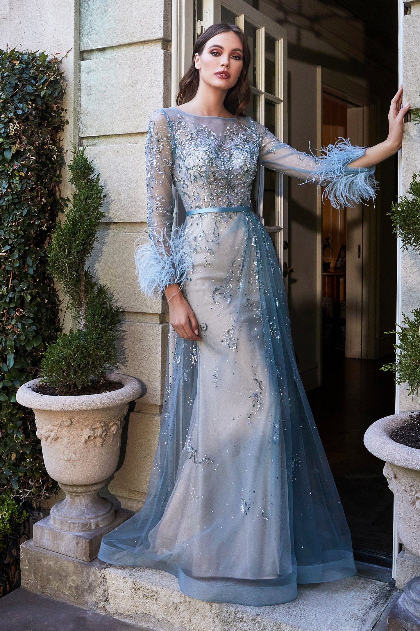 CDfeathered-sparkly-long-sleeve-gown-b716