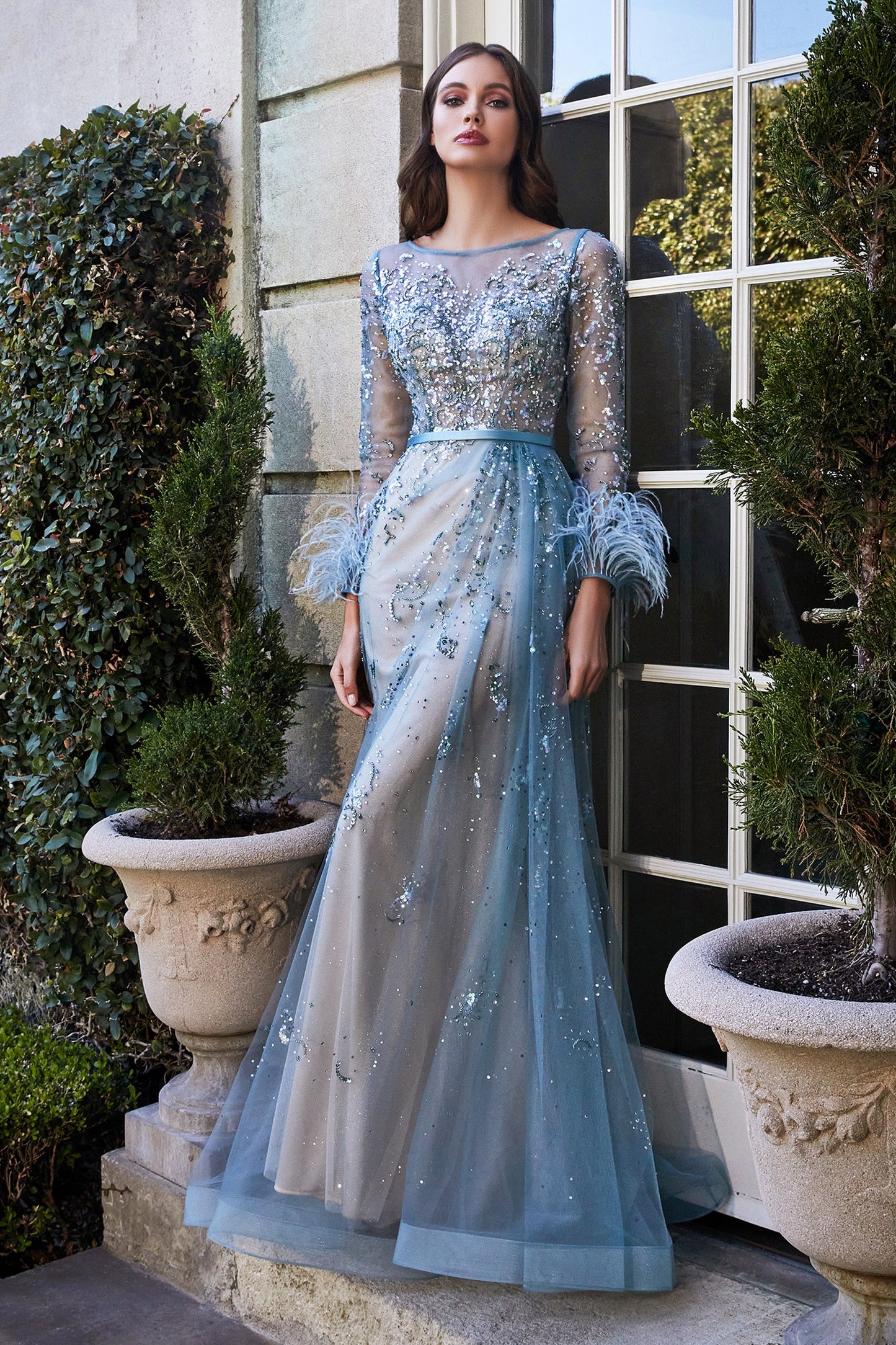 CDfeathered-sparkly-long-sleeve-gown-b716