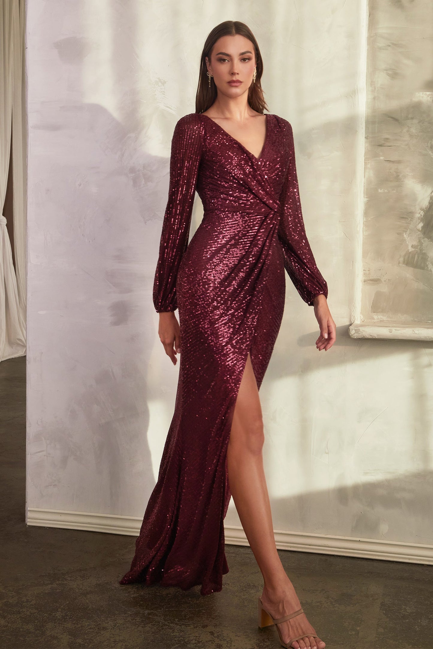 Long Sleeve Sequin Fitted Gown B8422