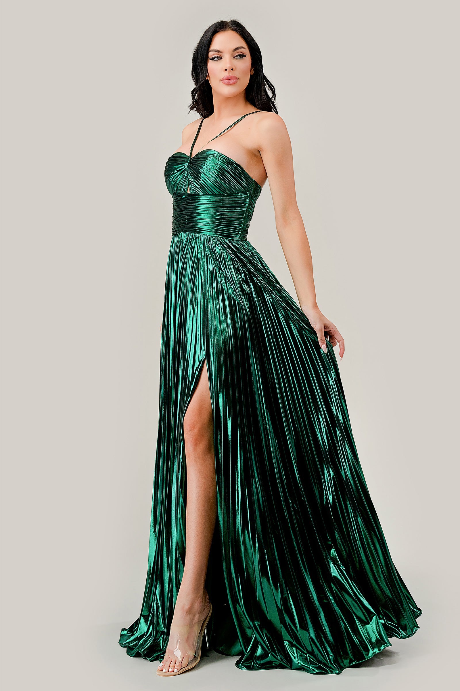 Metallic Lame Long Pleated Halter Dress C153