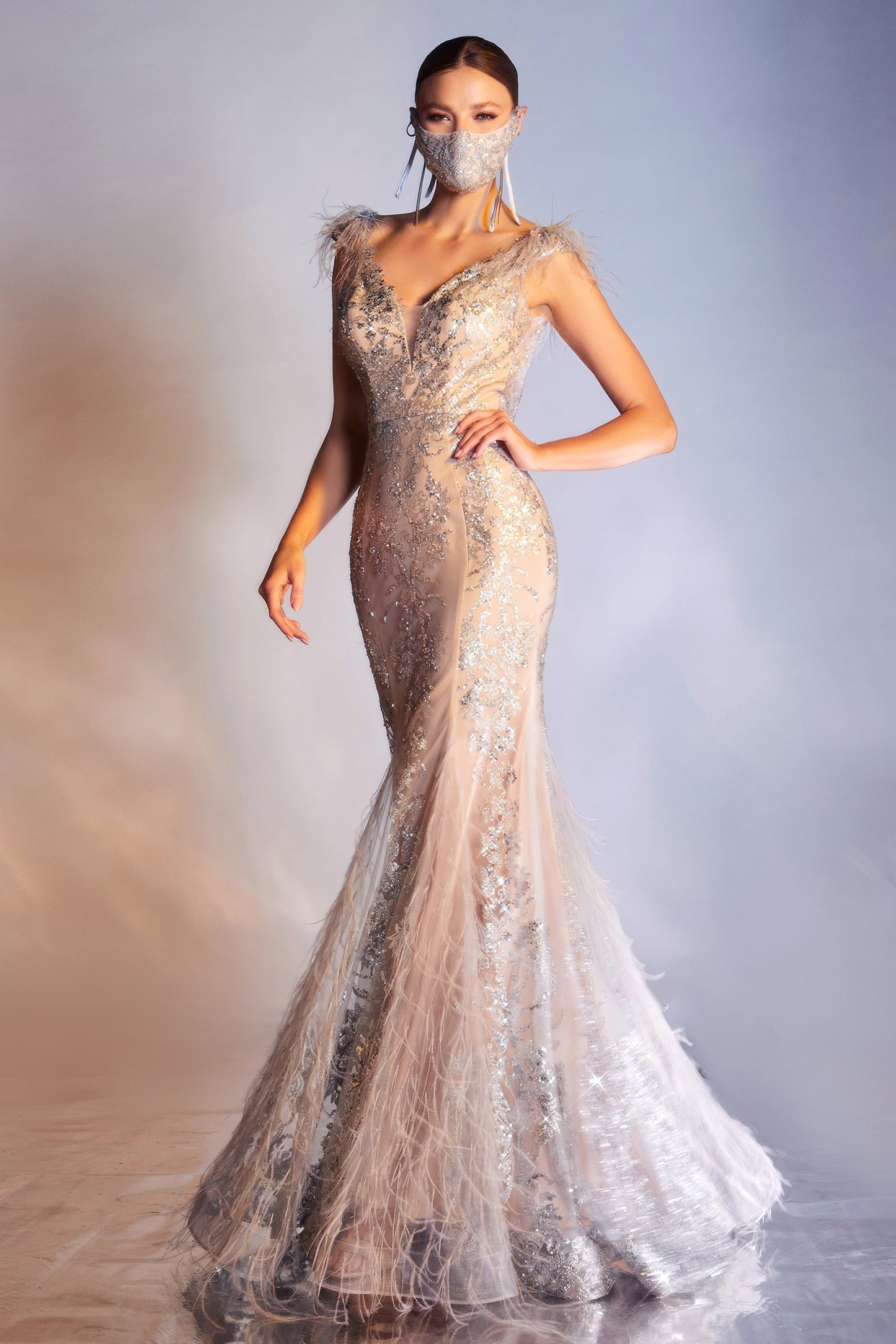 Feathered Glitter Mermaid Dress C57