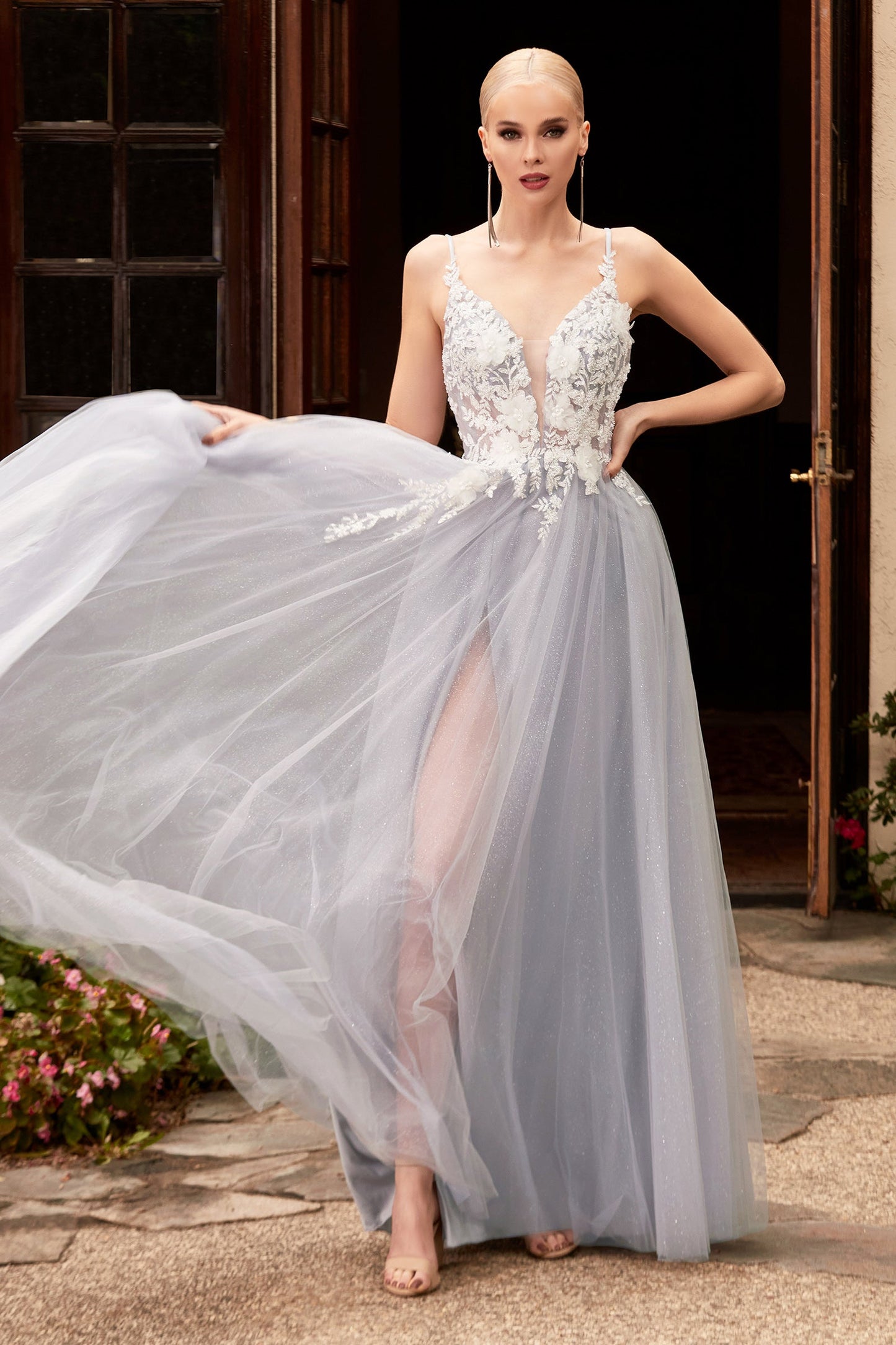 Floral Applique Tulle A-Line Gown CB075