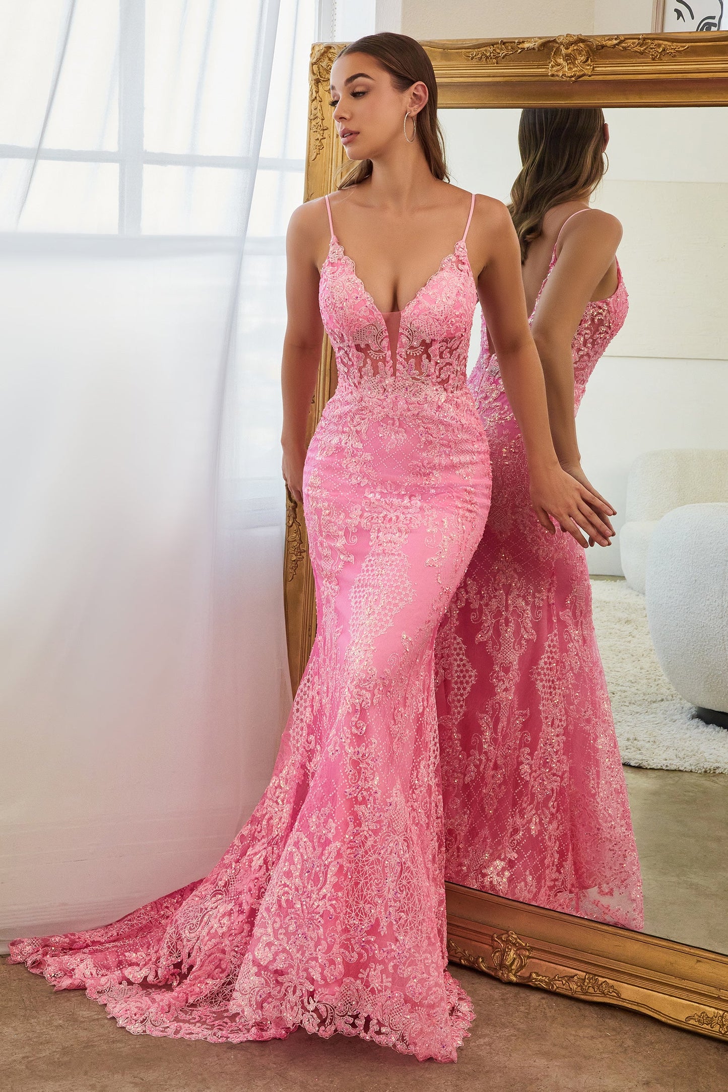 Glitter Print Deep Sheer Mermaid Dress CC2189