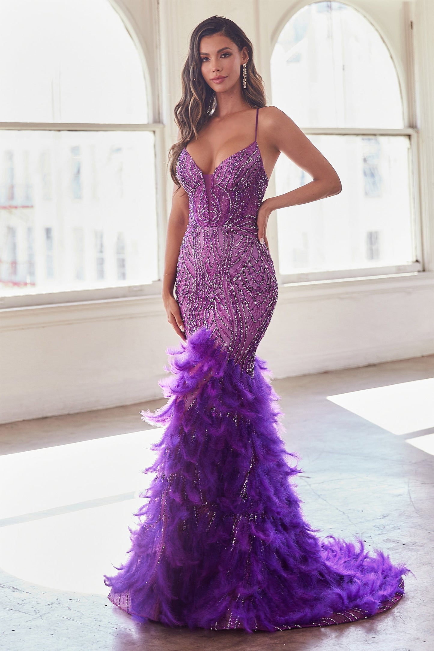 Feather Mermaid Plunging Neckline Dress CC2308