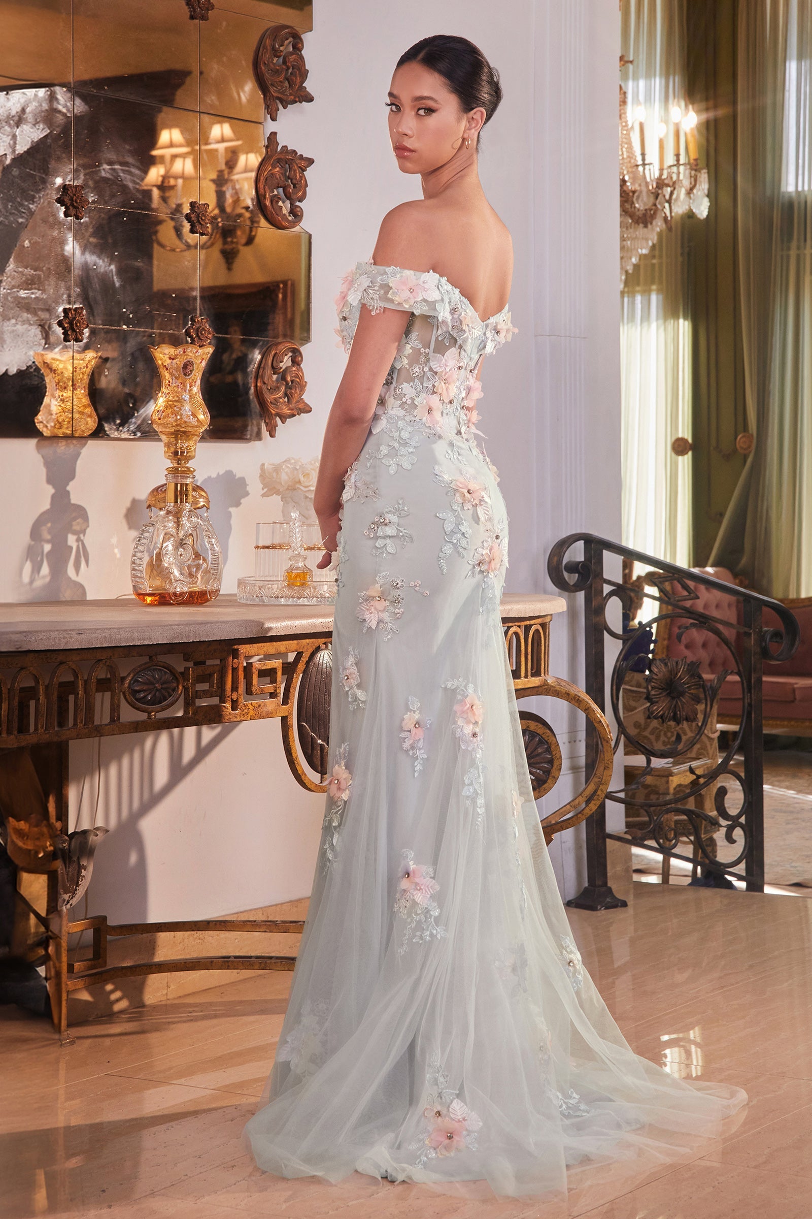 3D Floral Applique Off Shoulder Dress CD005 - S / Mist 3D Floral Applique Off Shoulder Dress CD005 - S / Mist