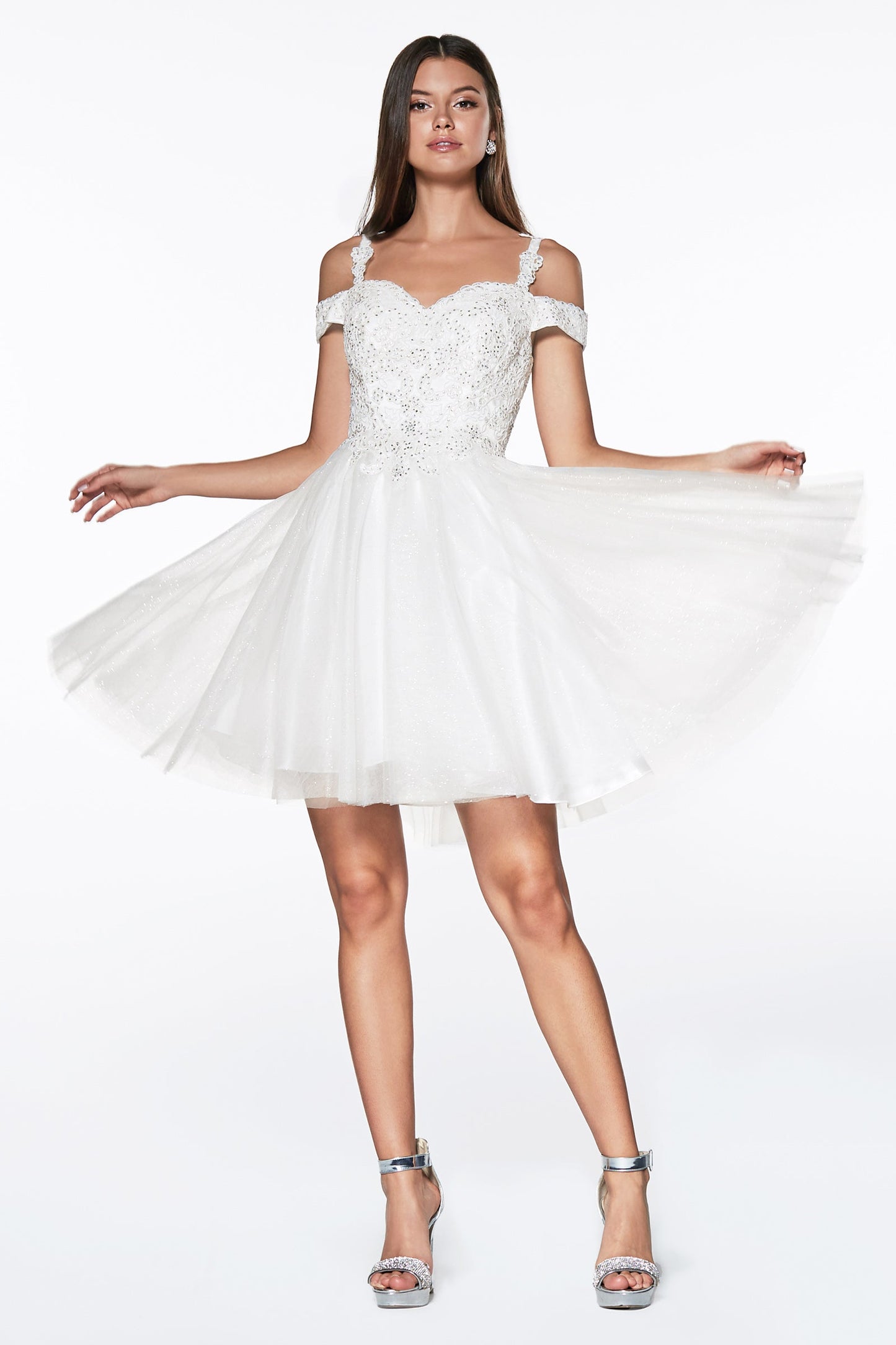 Short Cold Off Shoulder A-Line Dress with Glittered Tulle Skirt CD0132