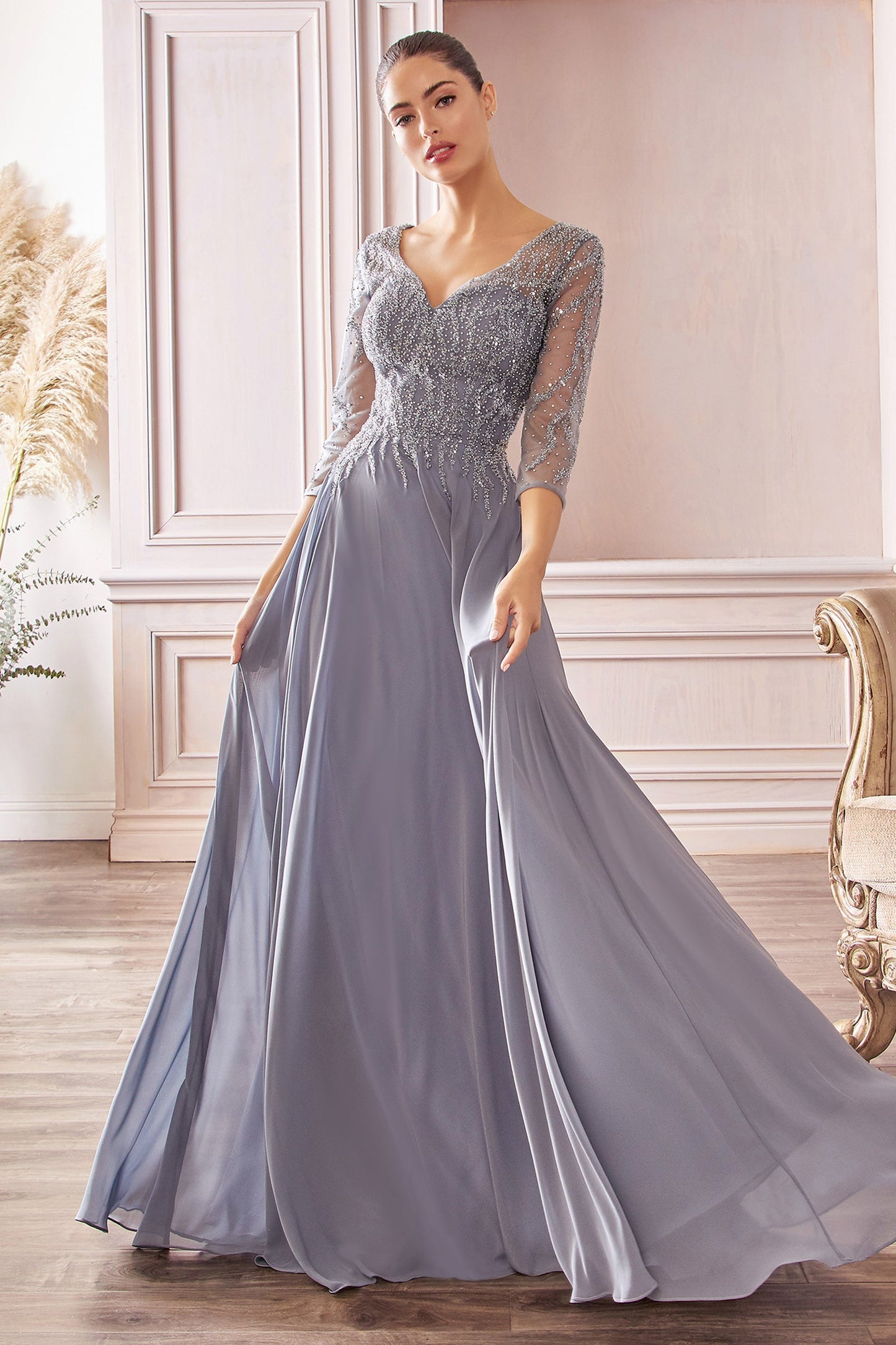 Beaded Long Sleeve Flowy Tulle Gown CD0171