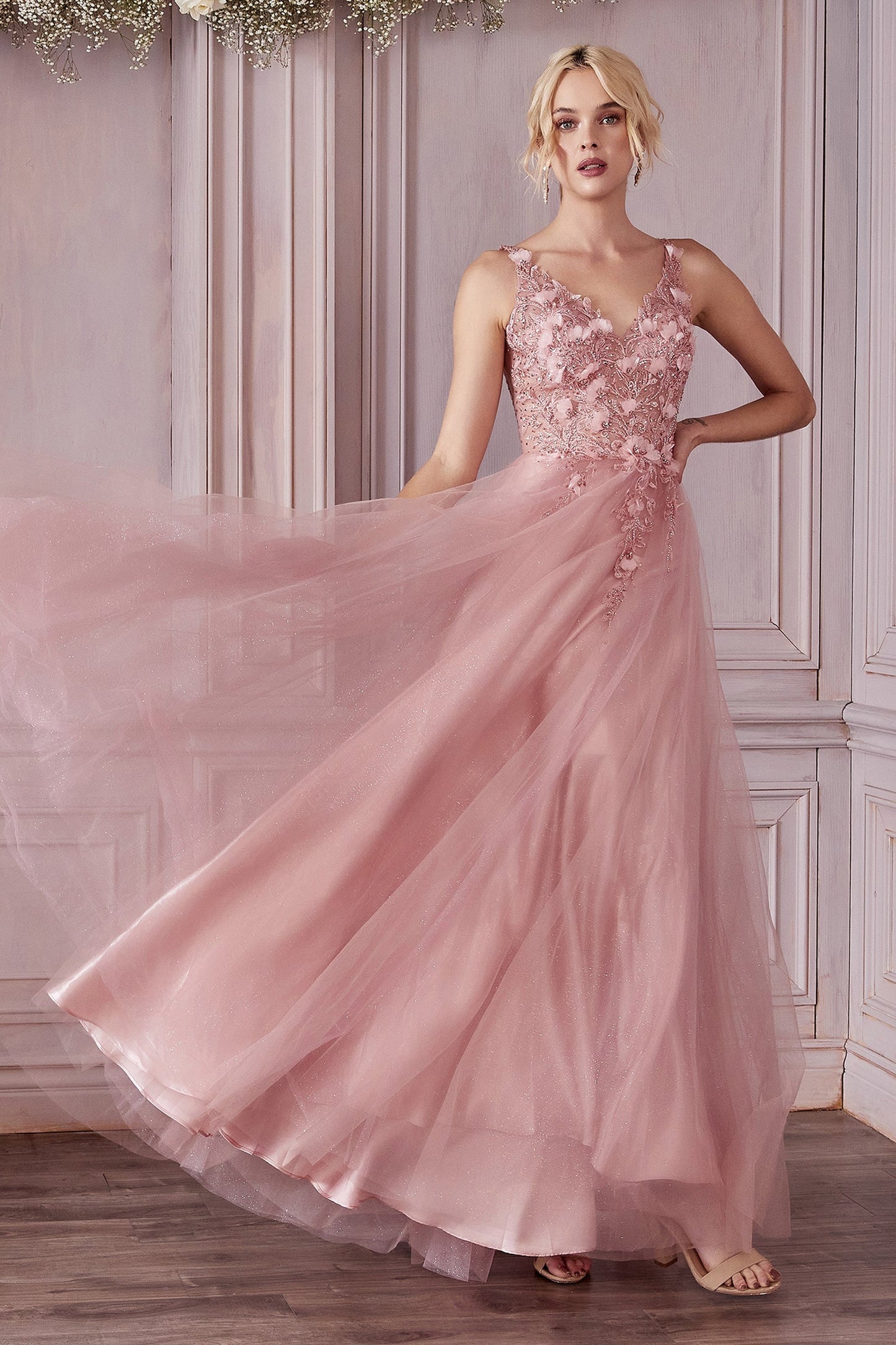 Long 3D Floral Embellished Tulle Dress CD0181