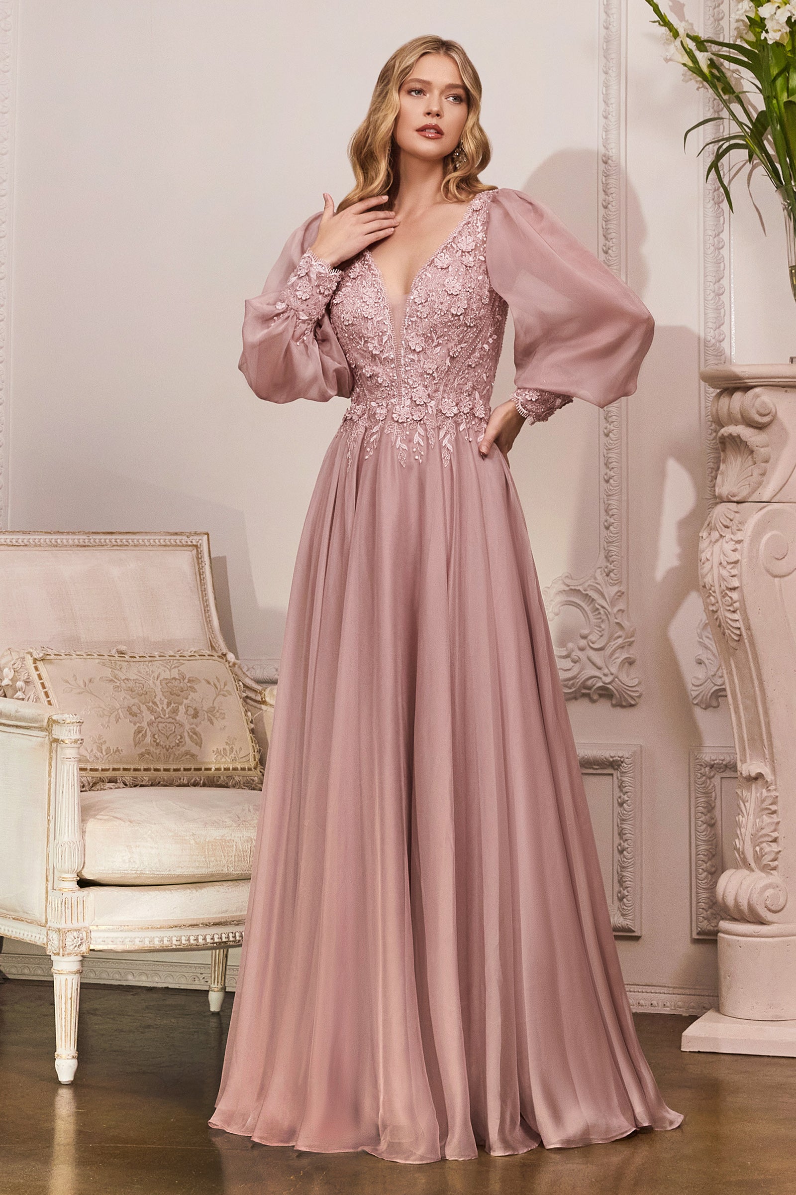 CDpuff-long-sleeve-appliques-bodice-chiffon-dress-cd0183