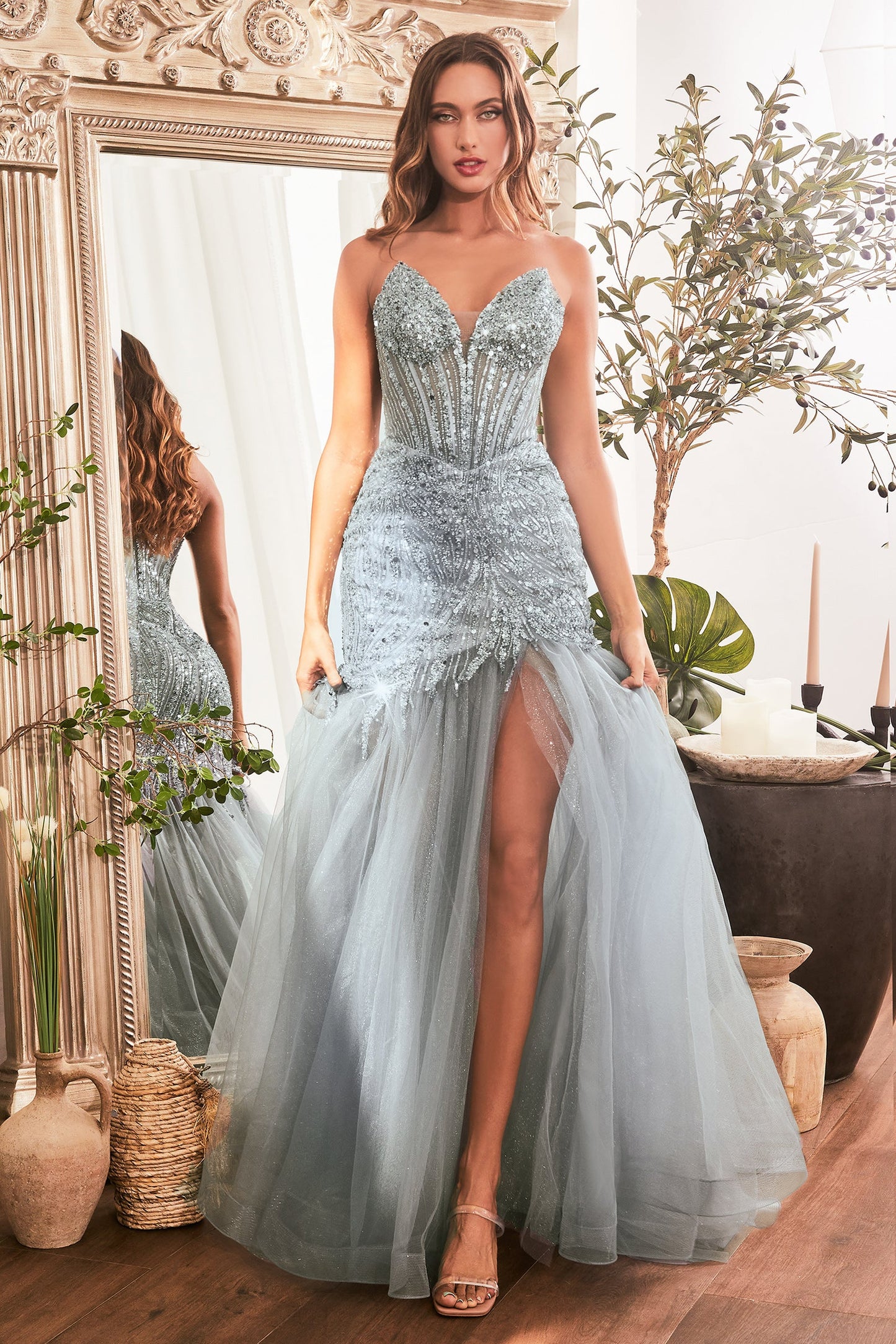 Stylish Beaded Slit Mermaid Dress CD0214