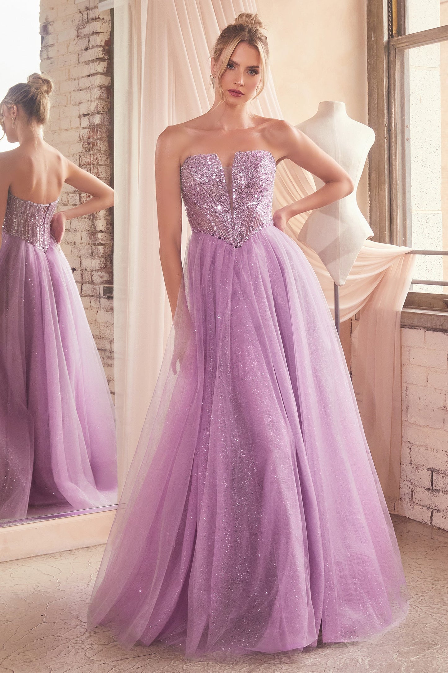 Deep V-Neck Sparkly Bodice A-Line Tulle Dress CD0217