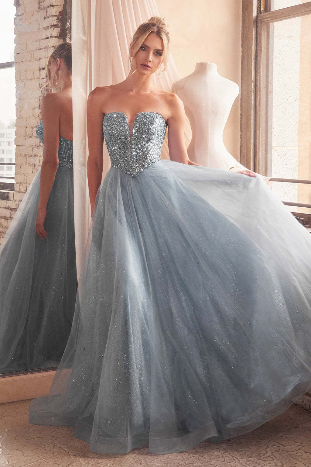 Deep V-Neck Sparkly Bodice A-Line Tulle Dress CD0217