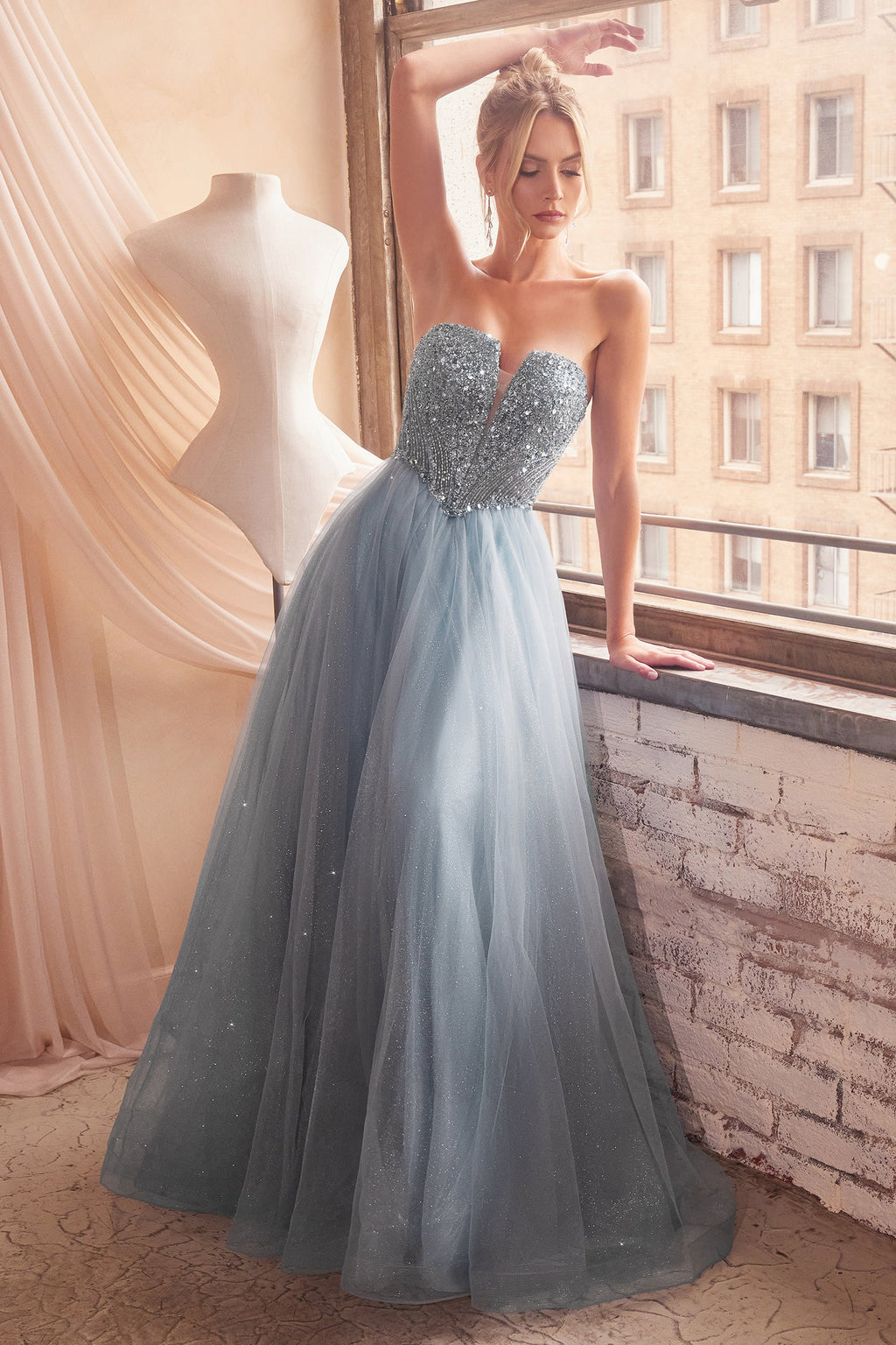 Deep V-Neck Sparkly Bodice A-Line Tulle Dress CD0217