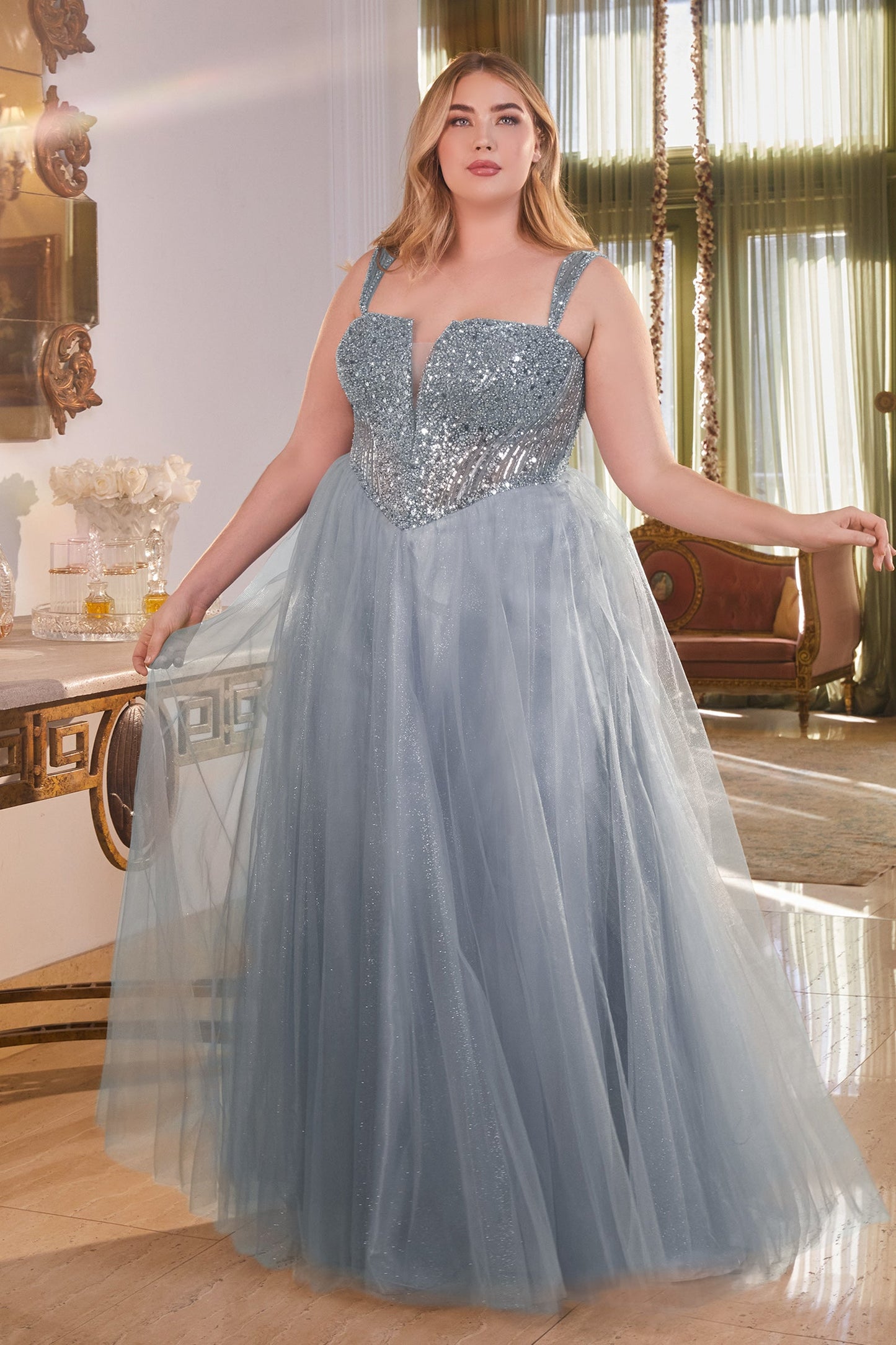 Deep V-Neck Sparkly Bodice A-Line Tulle Dress CD0217C