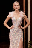 CDfeathered-iridescent-high-slit-sequin-gown-cd248