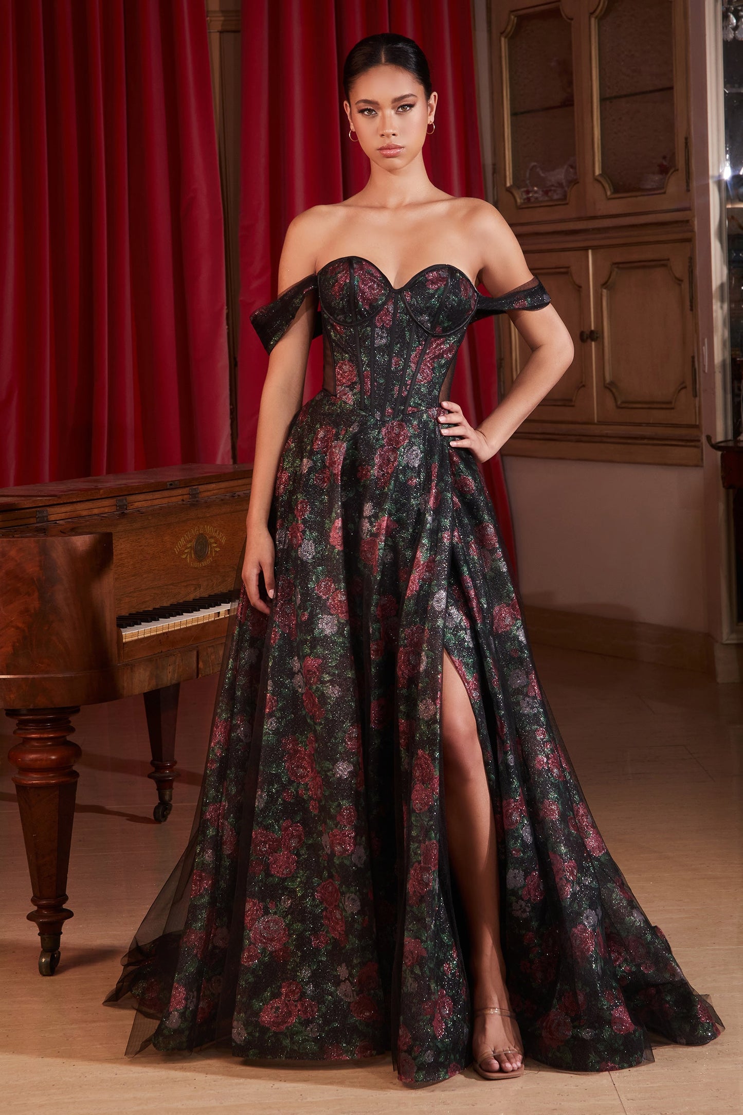 CDfloral-print-corset-slit-gown-cd806